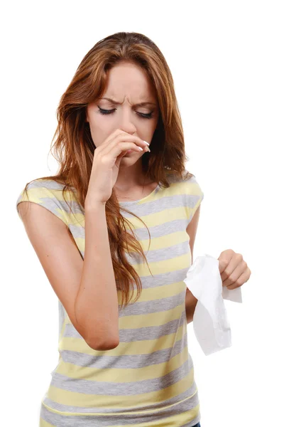 Jovem com alergia isolada no branco — Fotografia de Stock