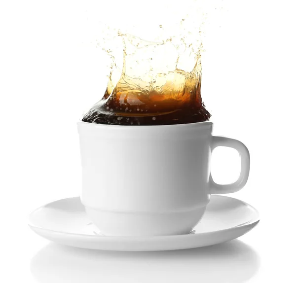 Cup of coffee with splashes, isolated on white — Stock Photo, Image