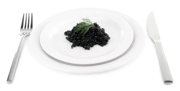 Black caviar on plate, fork and knife — Stock Photo, Image