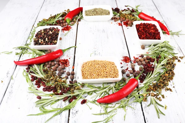 Spice with herbs and dried chilly pepper on wooden background — Stock Photo, Image