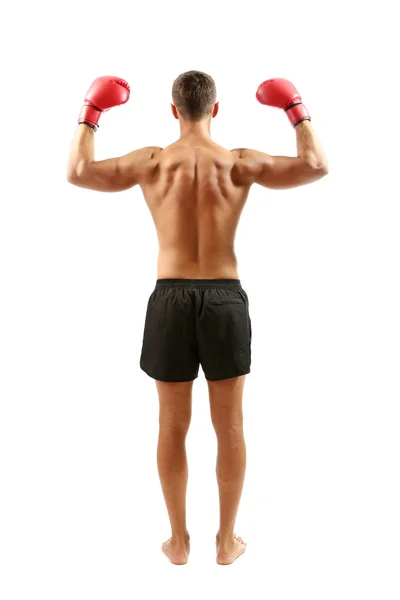 Guapo joven deportista muscular con guantes de boxeo aislados en blanco —  Fotos de Stock