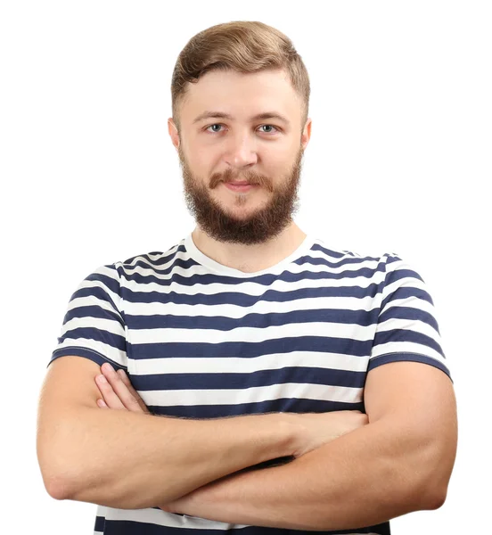 Retrato de homem bonito com barba isolada em branco — Fotografia de Stock