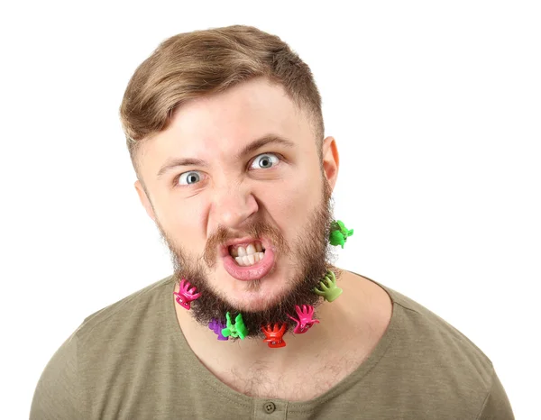 Portrait of handsome man with beard of barrettes isolated on white — Stock Photo, Image