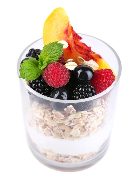 Healthy breakfast - yogurt with  fresh fruit, berries and muesli served in glass, isolated on white — Stock Photo, Image