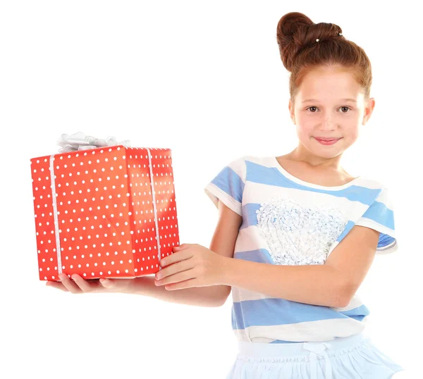 Beautiful little girl holding present box isolated on white — Stock Photo, Image