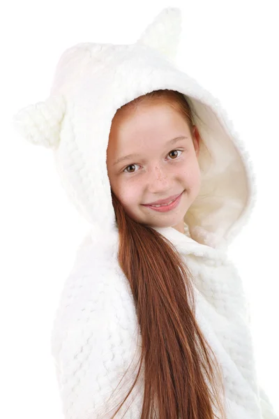 Beautiful little girl in bathrobe isolated on white — Stock Photo, Image