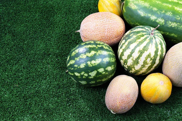 Melões e melancias sobre fundo verde — Fotografia de Stock