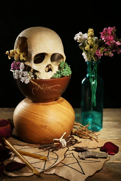 Calavera humana con rosa seca — Foto de Stock