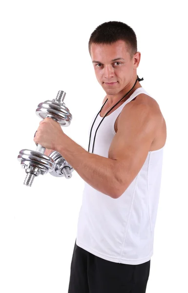 Young muscular sportsman execute exercise with dumbbells isolated on white — Stock Photo, Image