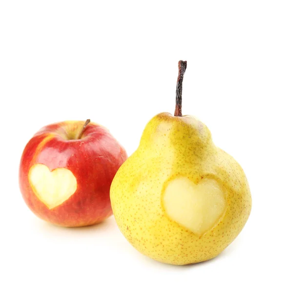Pear and apple with heart — Stock Photo, Image