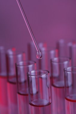 Mavi sıvı ve mor arka plan üzerinde sopa ile test tüpleri