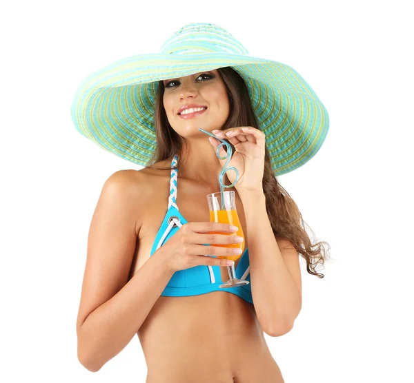 Beautiful young woman in swimsuit and hat isolated on white — Stock Photo, Image