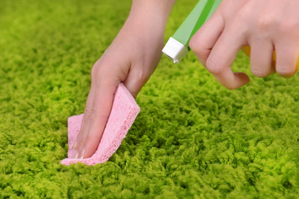 Cleaning carpet with cloth and  sprayer close up — Stock Photo, Image