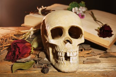 İnsan kafatası kurutulmuş gül desenli