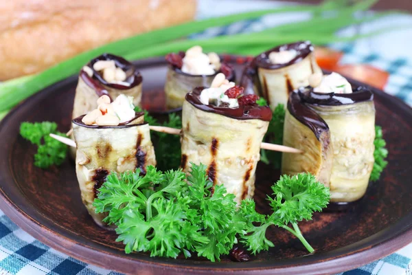 Fried aubergine with cottage cheese, parsley and bread on wooden background — Stock Photo, Image