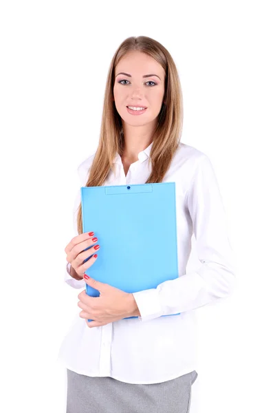 Mujer de negocios sosteniendo carpeta, aislado en blanco — Foto de Stock