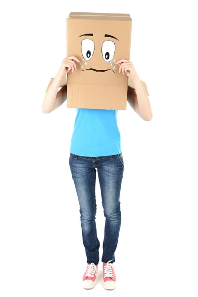 Woman with box on head — Stock Photo, Image