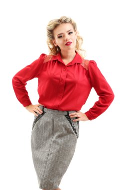 Retro tarzı, üzerinde beyaz izole gülümsemek güzel kızla