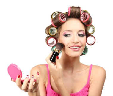 Saç curlers içinde güzel kız