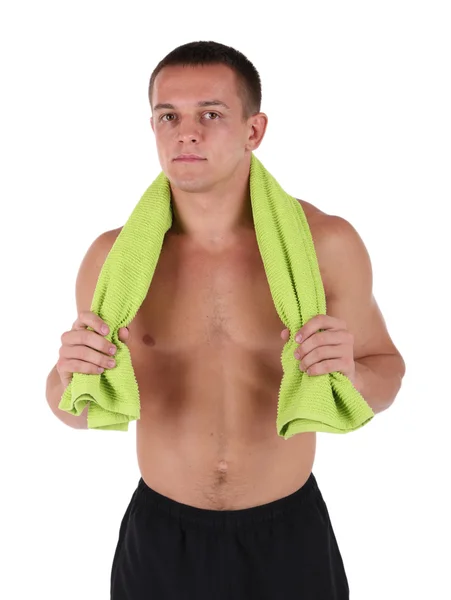 Guapo joven deportista sosteniendo toalla aislada en blanco —  Fotos de Stock