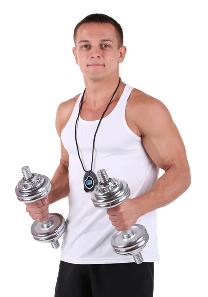 Jovem desportista muscular executar exercício com halteres isolados em branco — Fotografia de Stock