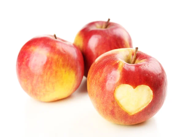 Red apple with heart isolated on white — Stock Photo, Image