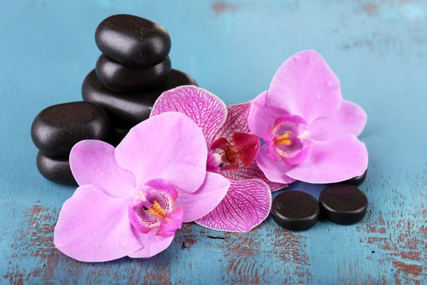 Flores de orquídeas e pedras de spa — Fotografia de Stock