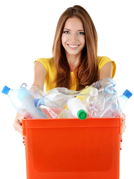 Young girl sorting plastic bottles — Stock Photo, Image