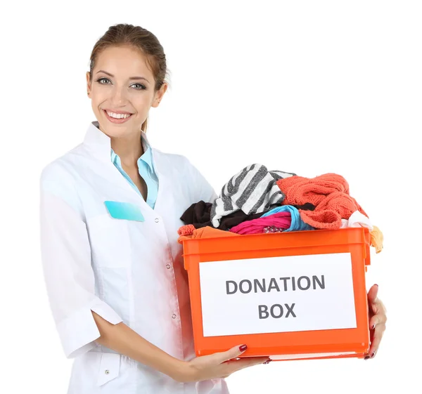 Chica voluntaria con caja de donación —  Fotos de Stock