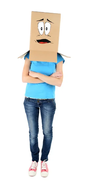 Woman with cardboard box on her head with sad face, isolated on white — Stock Photo, Image