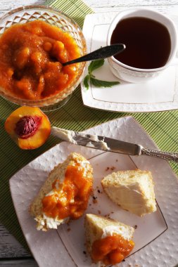 fincan çay ve ahşap masa üstünde ev yapımı reçel ile hafif Kahvaltı