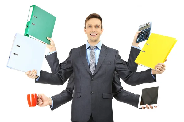 Joven hombre de negocios con muchas manos — Foto de Stock