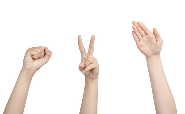 La gente muestra diferentes signos de manos aisladas en blanco — Foto de Stock