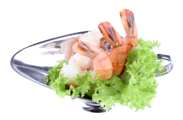 Fresh boiled prawns with lettuce on a metal bowl on white background isolated — Stock Photo, Image