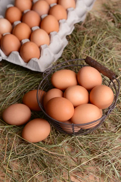 Tablo yakın çekim üzerinde hasır sepet yumurta — Stok fotoğraf
