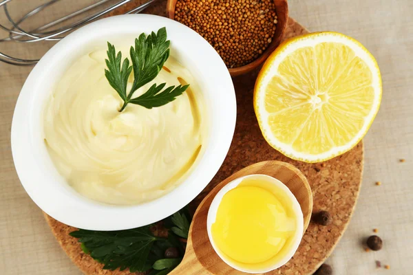 Mayonnaise ingredients on wooden background — Stock Photo, Image