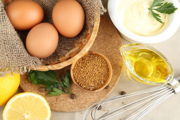 Mayonnaise ingredients on wooden background — Stock Photo, Image