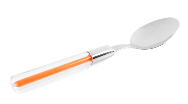 Metal spoon with color plastic handle isolated on white — Stock Photo, Image