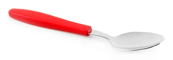 Cucchiaio in metallo con manico rosso isolato su bianco — Foto Stock