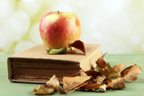 Manzana con libro y hojas — Foto de Stock