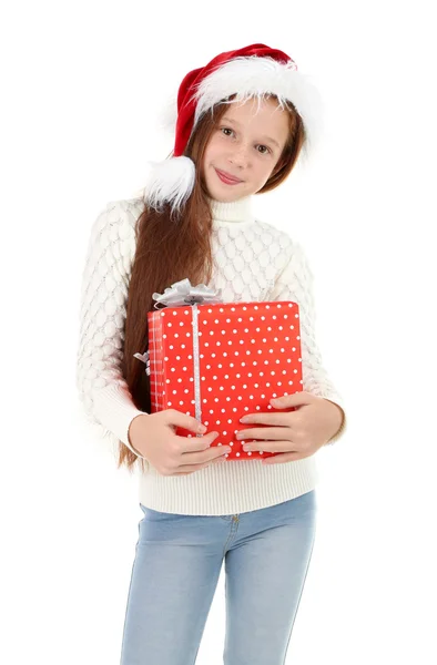 Beautiful little girl with present box — Stock Photo, Image