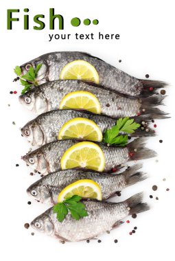 limon, maydanoz ve baharat üzerine beyaz izole taze balıklar