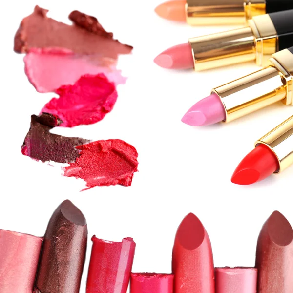 Collage van verschillende lippenstift geïsoleerd op wit — Stockfoto