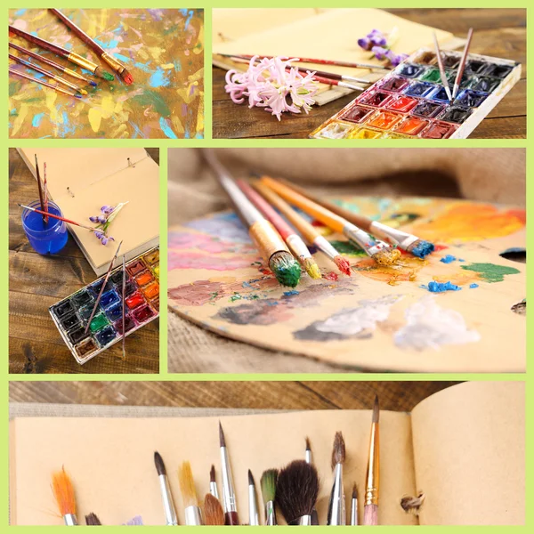 Collage of paints and brushes — Stock Photo, Image