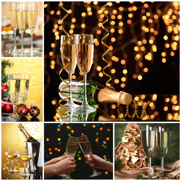 Christmas collage. Glasses of champagne on  shine  background — Stock Photo, Image