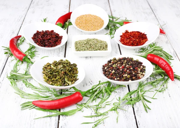 Spice with herbs and dried chilly pepper on wooden background — Stock Photo, Image