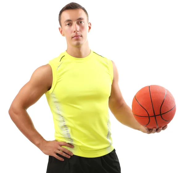 Pohledný mladý sportovec drží míč izolovaných na bílém — Stock fotografie