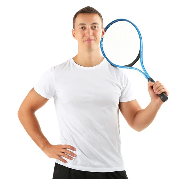 Bonito jovem desportista segurando raquete isolado em branco — Fotografia de Stock