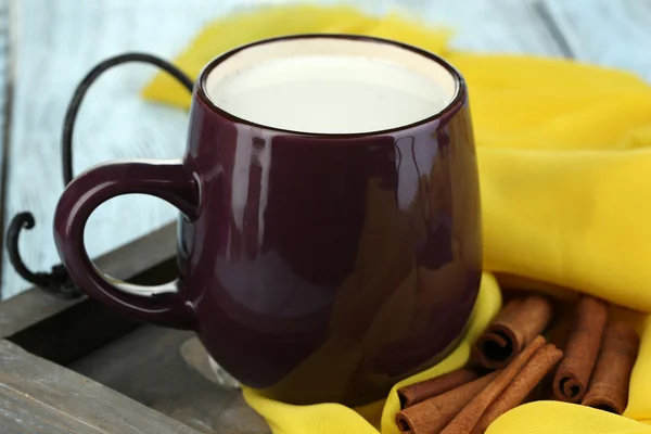 Молоко з корицею на дерев'яному столі — стокове фото