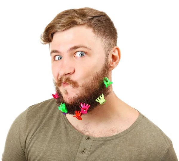 Portrait of handsome man with beard of barrettes isolated on white — Stock Photo, Image